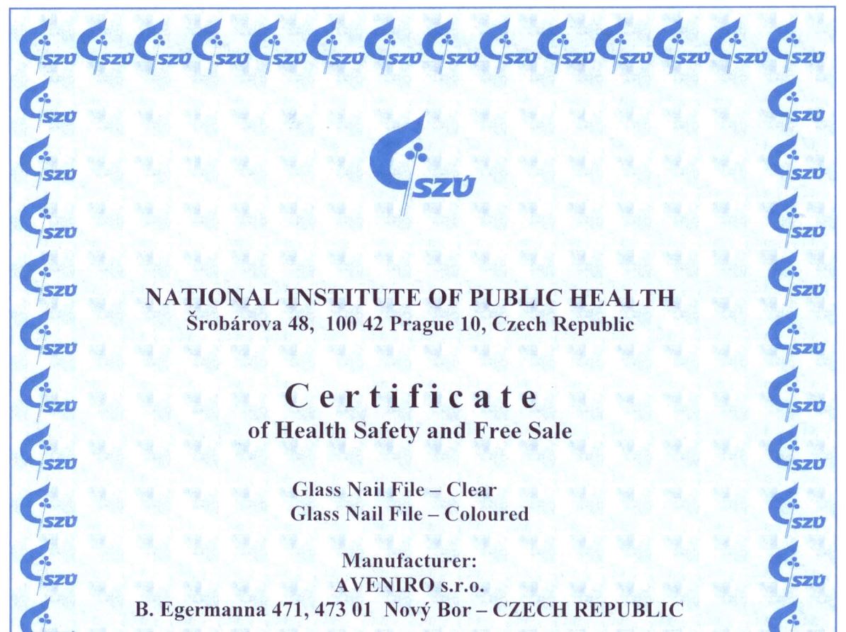 Czech glass nail files Aveniro - Certificate of Health Safety
